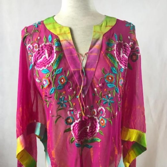 NWT Tashia London Silk Pullover V-neck Sheer Poncho with Embroidery Size M - Picture 4 of 14